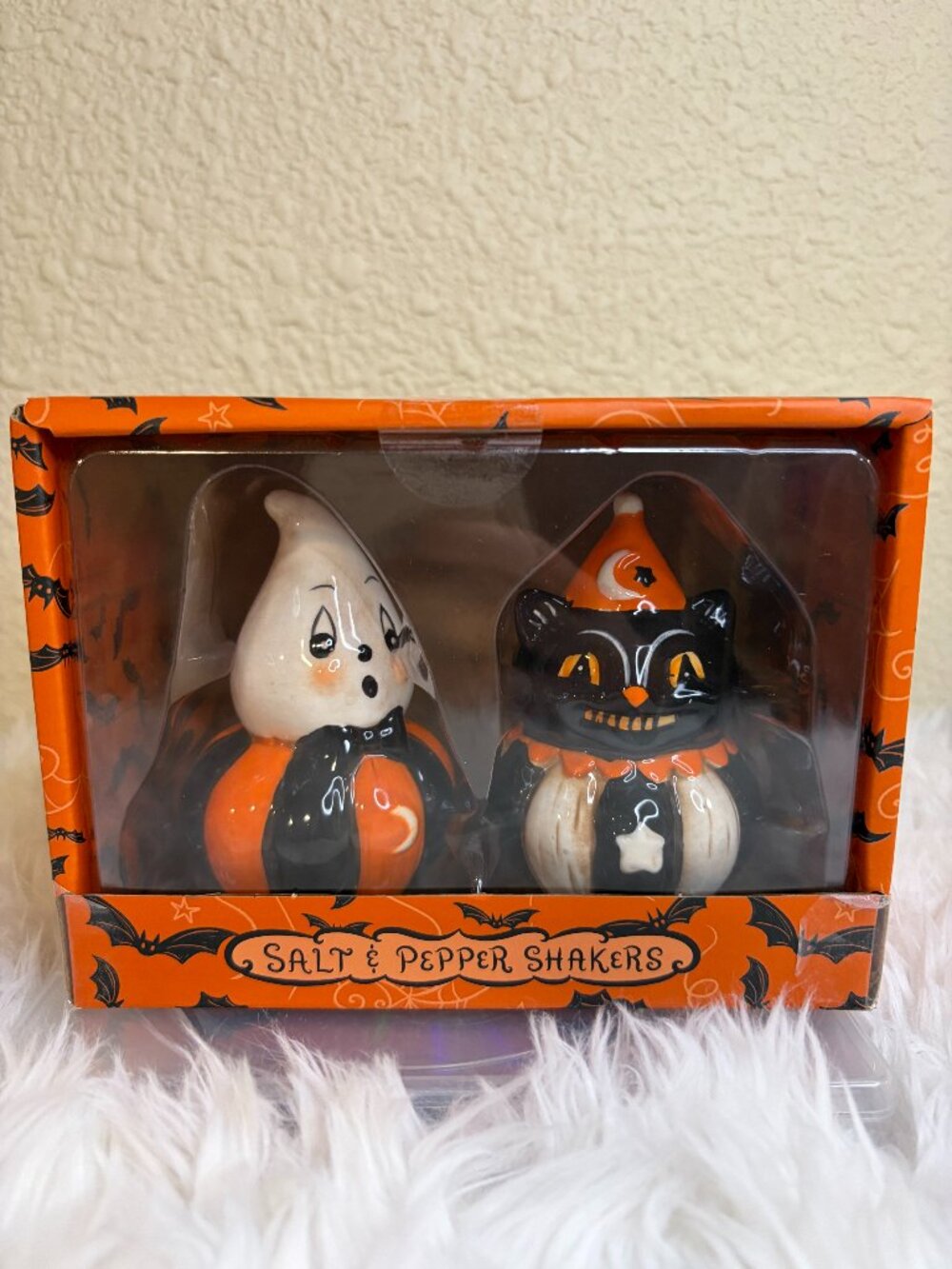 Johanna Parker Halloween Ghost Black Cat Salt Pepper Shakers NIB